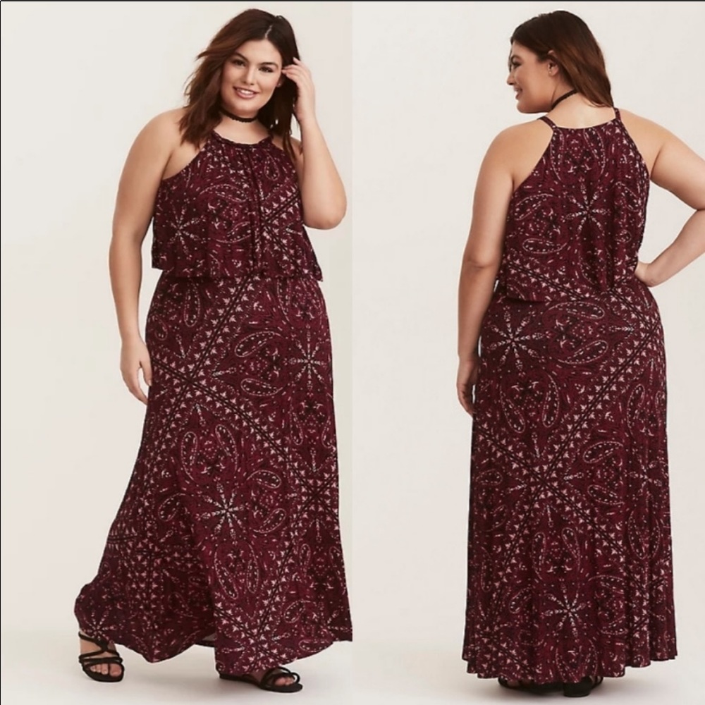 ๐HP๐ Torrid Drape Top Halter Neck Burgundy Maxi Dress, Size 0 - Picture 1 of 14